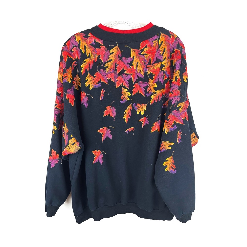 Vintage Sweatshirt Artisians Women Leaves 80s 90s Size L Black Fall Print.